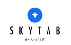A blue and white logo for skytab by shift.